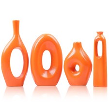 Orange Ceramic Vase Set of 4 - Round Hollow Vases for Flowers Decor