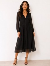 Studios by Phase Eight Black Sheer Midi Dress UK 14/16 V-Neck Long Sleeve Floaty