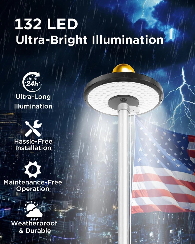 Luz de poste de bandera alimentada por energía solar, 132 LED luz de bandera ultrabrillante con 2600 Mah Rech Foto 2 de 4