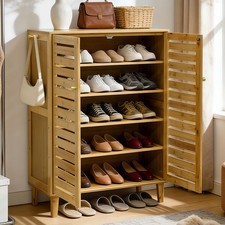 Tall Shoe Cabinet Bamboo Cupboard with Hollow-out Doors for Heels Slippers Flats