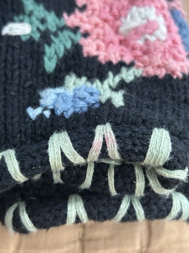 Vintage 90s Floral Embroidery Knit Cardigan Sweater Black Cottage Granny Medium - Picture 20 of 20