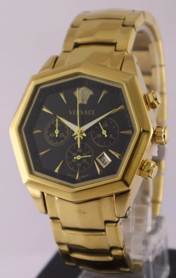 Reloj de lujo Versace de cuarzo cronógrafo esfera negra caja chapada en oro con caja 'fecha' para hombre Foto 2 de 4