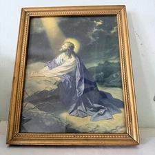 Jesus in the Garden of Gethsemane Framed Under Glass Old Vintage Frame 8x10