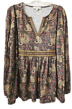 Suzanne Betro Brown Boho Ribbon Peasant Dress/Top Sz Lg Long Sleeve V-Neck