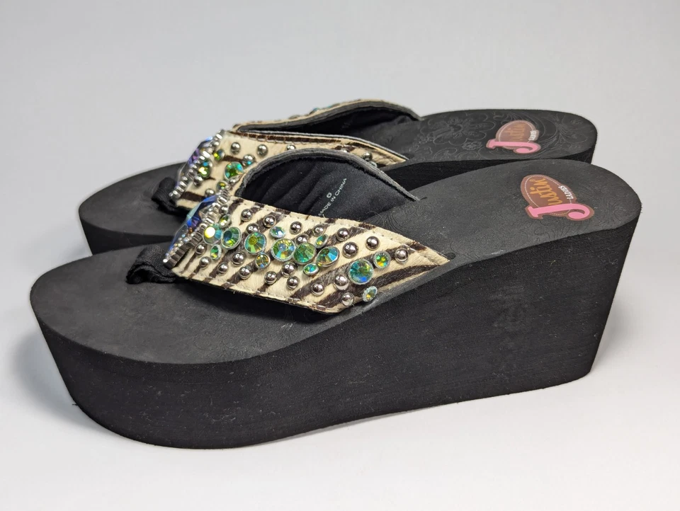 Justin Western Flip Flops Rhinestone Cross Platform Women's Size 6 - Image 3 of 4