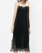 Reformation Zara Studio Black Anthracite Silk Velvet Lace Trim Slip Dress Small