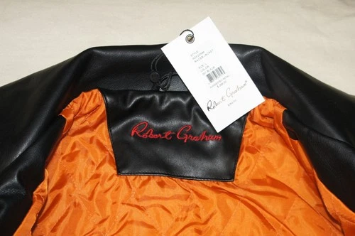 Robert Graham Vegan Black Leather Moto Jacket Mens L Faux Orange Lined Full Zip image 11