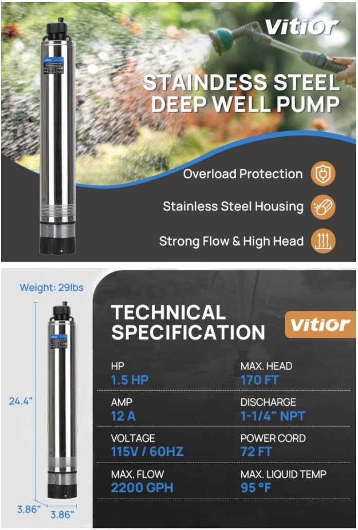VEVOR 1.5HP Deep Well Submersible Water Pump 31.7 GPM &lrm;VDW