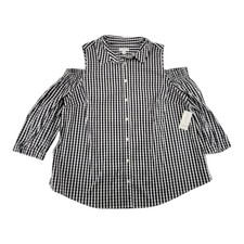 Charter Club Women's 18W Gingham Check Cold Shoulder Shirt Black White