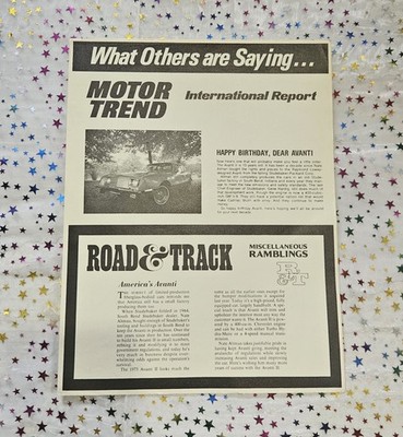 Vintage 1972 Newsweek Motor Trend Reprint Studebaker Avanti 10 Year Anniversary