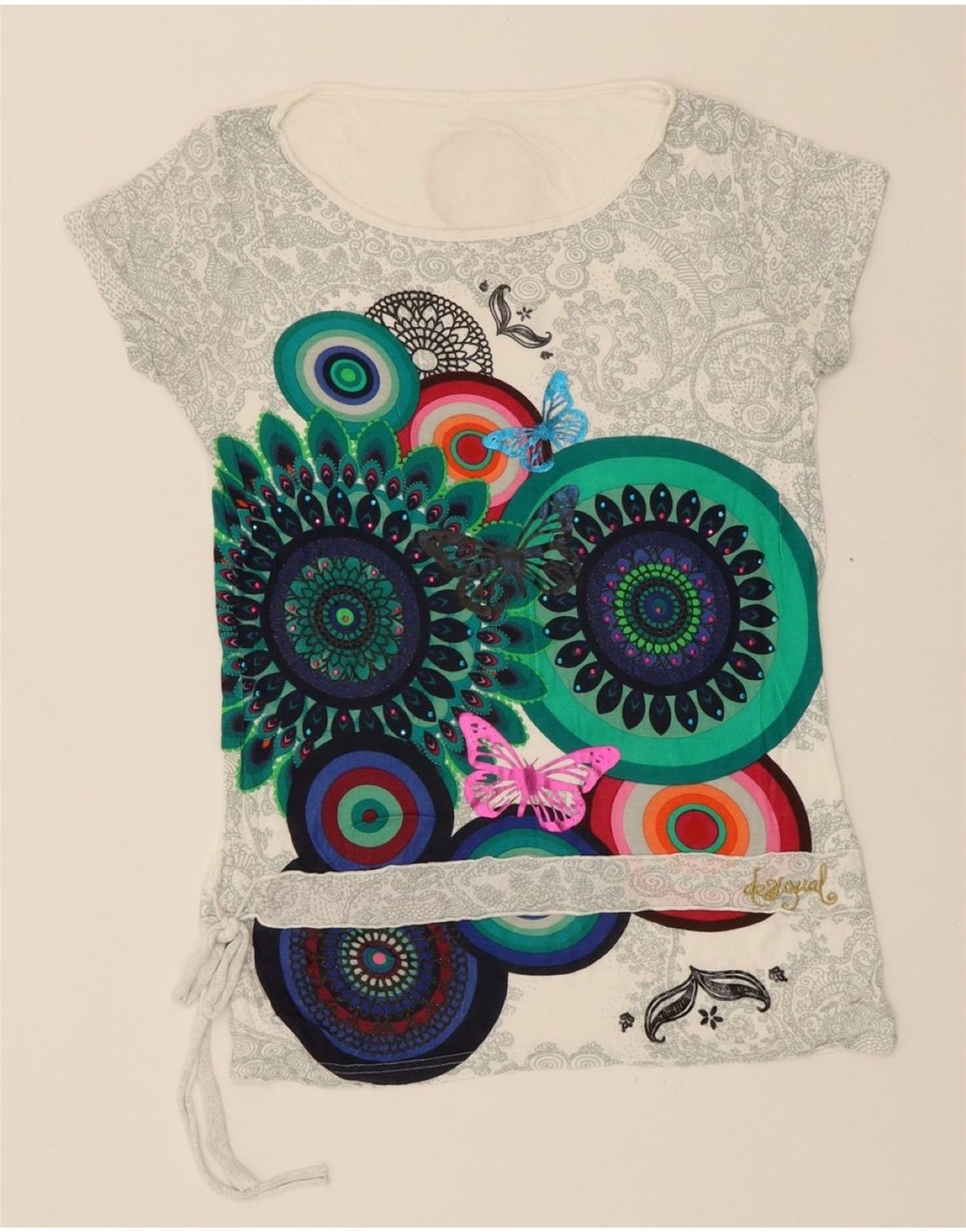 DESIGUAL Womens Graphic T-Shirt Top UK 6 XS Off White Floral Butterfly AN02