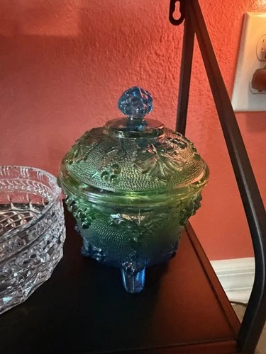 Vintage Jeanette Green Blue Glass Footed Bowl Candy Dish Grapes & Leaves Design