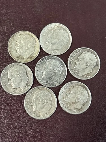 1954 1957D 1958D 1959 Silver Dimes Lot Of 7 Coins