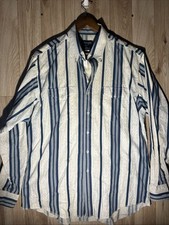 Vintage Wrangler Southwestern Geometric Men s 17-35 Blue Striped Long Sleeve