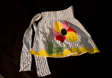 Vintage 1950s Handmade Half Apron Black White Stripe Big Mod Flower Patchwork