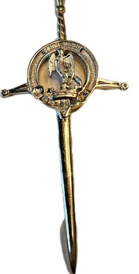 Scottish Hay Clan Brooch Silvertone Crest SERVA JUGUM Vintage Broad Sword Pin