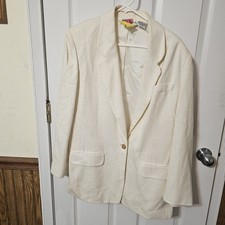 Anne Klein Linen Blend Lined Blazer Ivory Women Sz 12 Vtg With Gold Single Butto