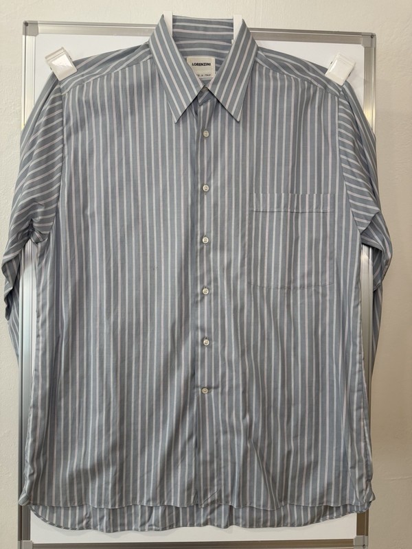 EUC Lorenzini Dress Shirt Italy Men's 17.5 44 Long Sleeve Pink White Blue Stripe