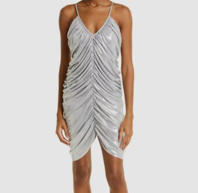 $210 Norma Kamali Women's Silver Ruched V-Neck Mini Dress Size S/36