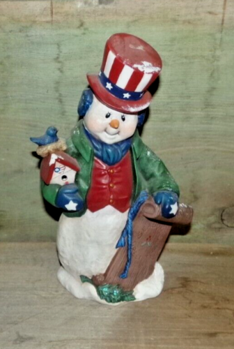 Ceramic Mold Painted Snowman Sled Blue Bird Figurine Patriotic Stars Stripes USA - Picture 1 of 6