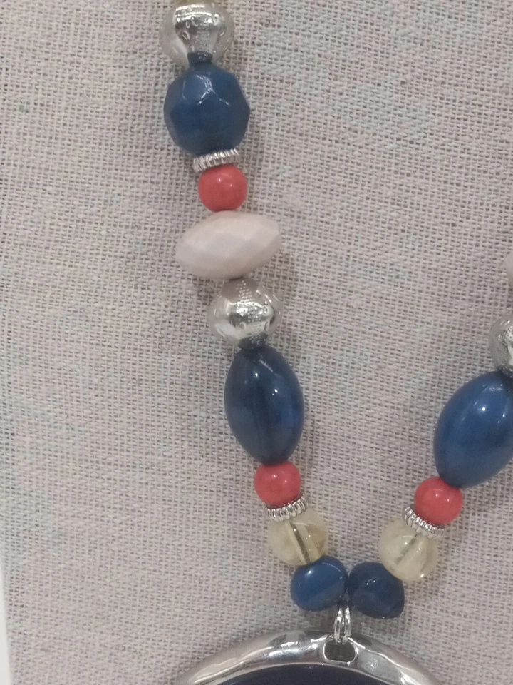 Chico's Black Leather Cord Beaded Necklace Blue Enamel natural stone pendant - Image 4 of 4