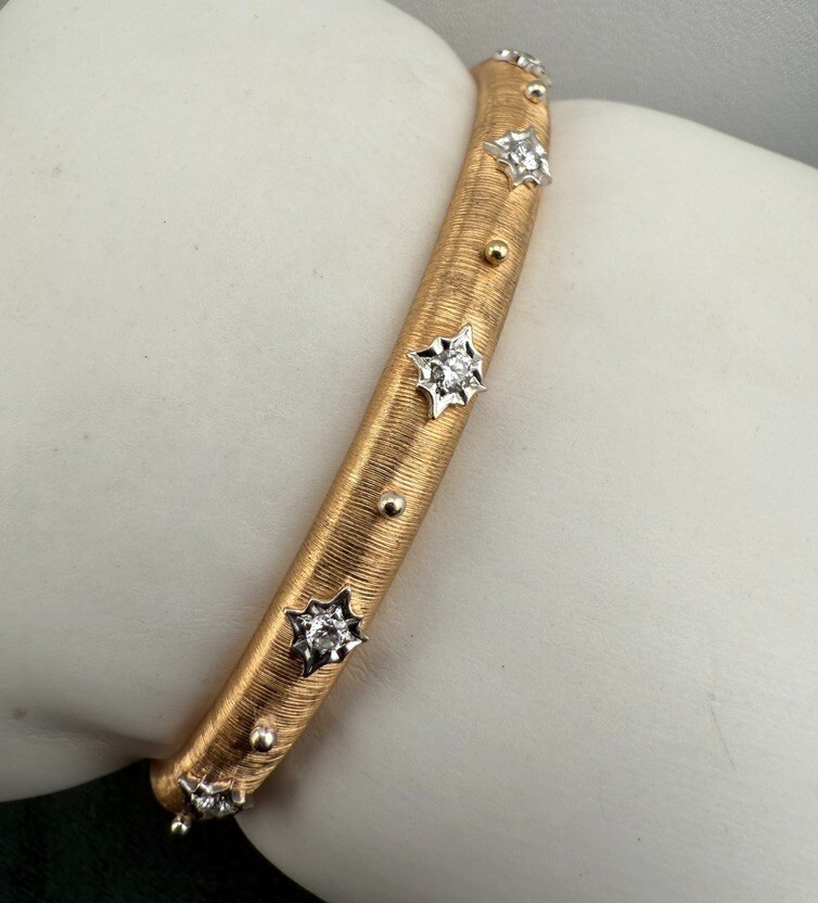 18k Solid Gold Open Bangle Cuff Diamond Bracelet … - image 1