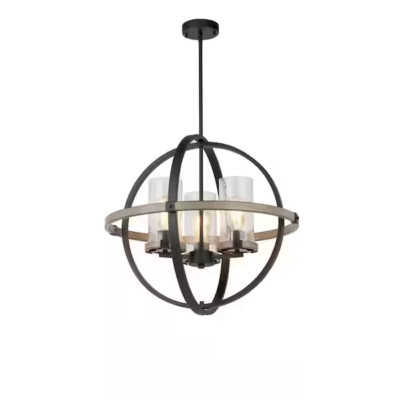 Seedy Glass Cage Pendant Three-Light Matte Black and Gray Wood Finish Chandelier