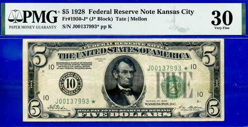 1928 $5 Federal Reserve note PMG 30 Kansas City star Fr 1950-J