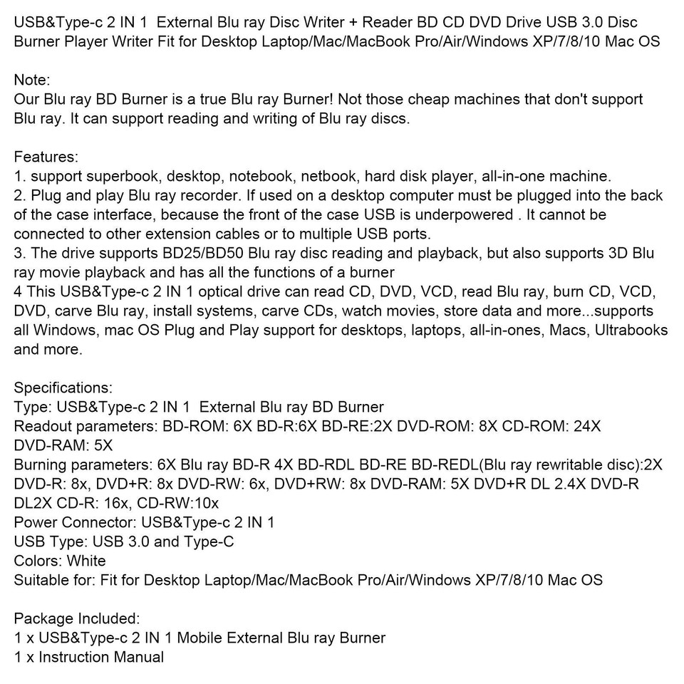 USB&Typec External Blu ray Disc Writer+Reader Burner for Windows Mac 2