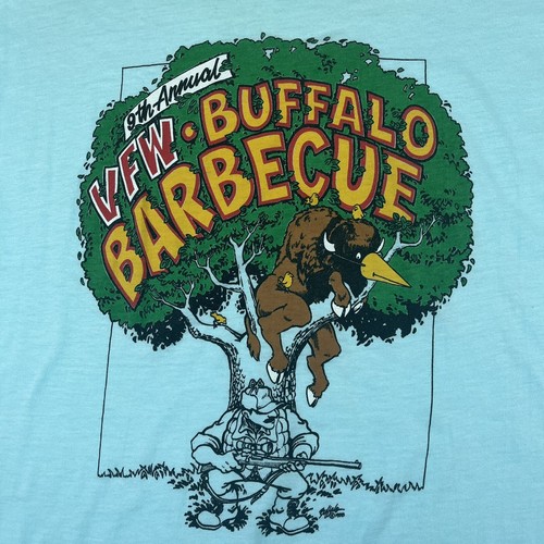 Vtg 80s VFW Buffalo Barbecue T Shirt Funny Cartoon Hunting Novelty 1988 Blue Lg - Picture 9 of 12