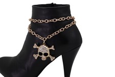 Women Gold Metal Chain Boot Bracelet Shoe Skeleton Skull Charm Day Night Wear