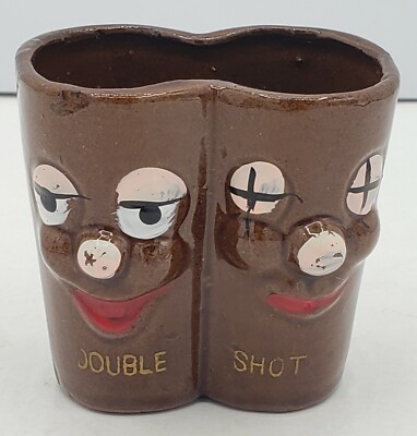 Vintage Redware Ceramic Double shot glass Comical mug, brownface Figure, Japan. 