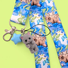 CUTE KITTEN & FLOWERS LANYARD blue neckstrap & fuzzy gray cat charm keyring Y6