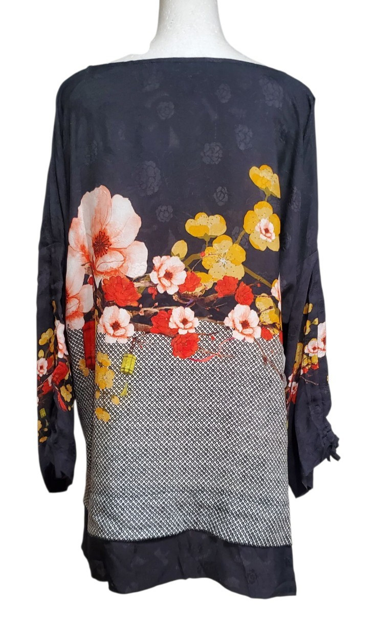 Citron Santa Monica Floral Silk Blend Cold Shoulder Top Size Large Ruched Sleeve