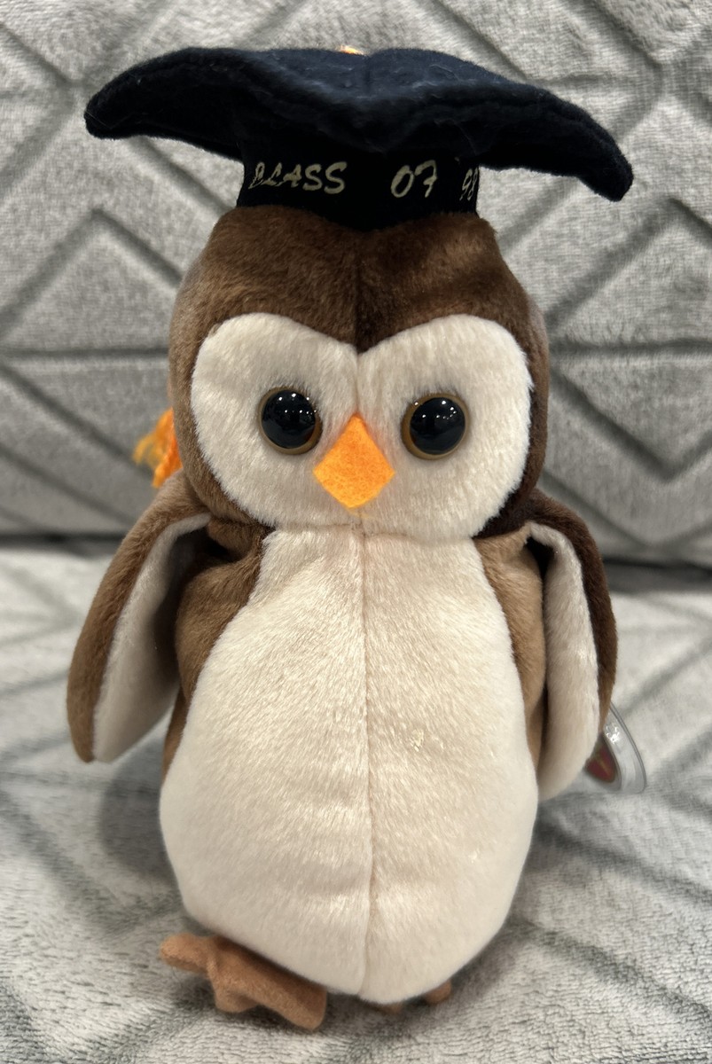 Ty Beanie Baby 6” Wise Graduation Owl Brown Cream Bean Plush