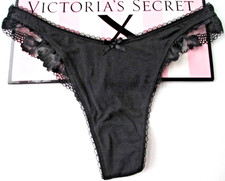 VICTORIA'S SECRET High Leg Cotton Thong Panty VS Black Lace Trim S M L XL NWT