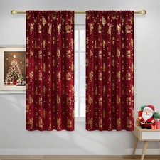 2 Panels Red Christmas Curtains W42 x L63 in, Rod Pocket Gold Stamping Xmas T...