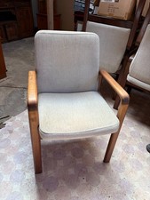 Accent Dining Carver Chair Danish Wooden Frame Beige Fabric Vintage 1970s Style