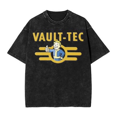 Fallout Vault Tec T Shirt Washed Black Graphic Tee Cotton Game Shirt M-XXXL
