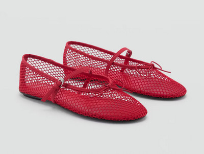 NEW MANGO MNG RED BUCKLE STRAP MESH BALLERINA BALLET FLATS  SHOES SZ 37 US 6.5