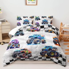 3-Piece Colorful Monster Truck Bedding Set Twin Size,Featuring Cartoon Trucks...