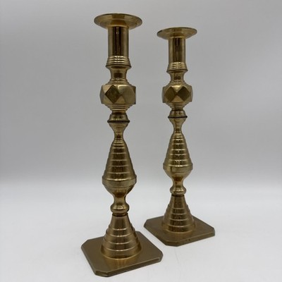 Antique Victorian English Brass Beehive & Diamond Push-Up Candlesticks 1890 s