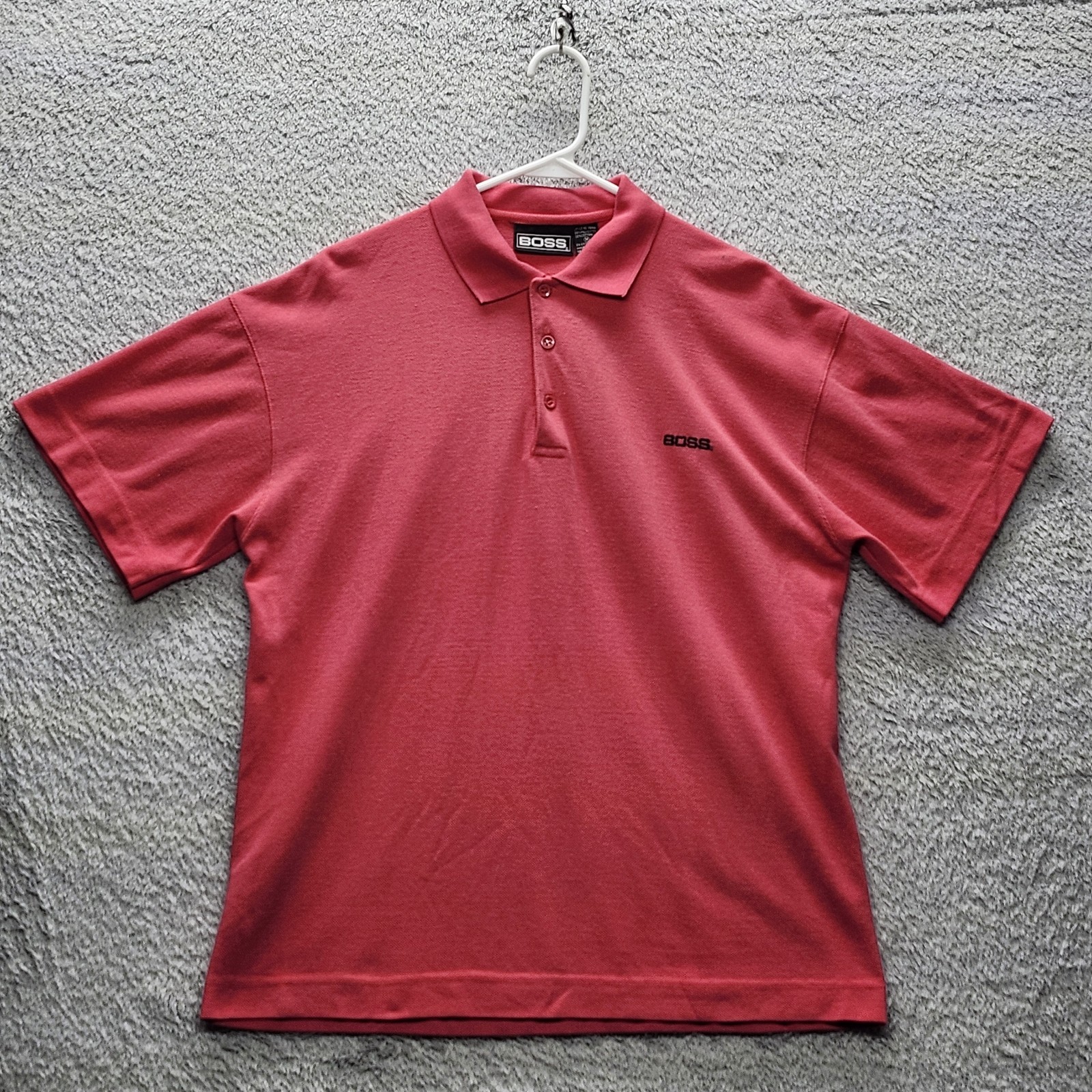 VINTAGE BOSS Red Coral Knit Polo Shirt Men's Medium M Poly/Cotton RN 69781 Logo thumbnail 3