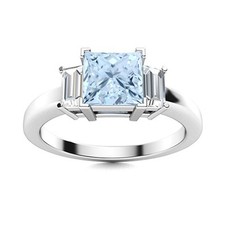 5MM Square Natural Aquamarine Dainty Three Stone 925 Sterling Silver Ring