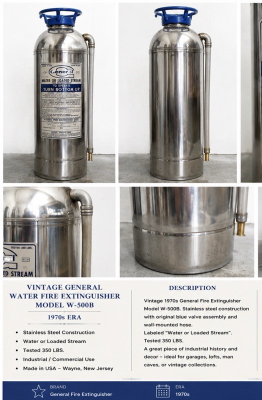 Vintage General Water Fire Extinguisher Stainless Steel Industrial Chrome Blue