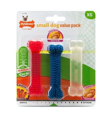 Nylabone Moderate Flexible Dental Dog Chew Toy Bones, 3 pack, Bacon, Chicken Fla