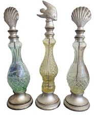 Set of 3 Large Nautical Glass Bottles w/ Shell  Fish Stoppers 15  Coastal Decor