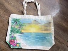 Canvas Foldable Reusable Shopping Bag with Beach Scene, Beige Multicolor