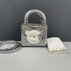 Authentic Dior Teddy Lady Bag Crafted Silver Quilted Leather with Plush Bear