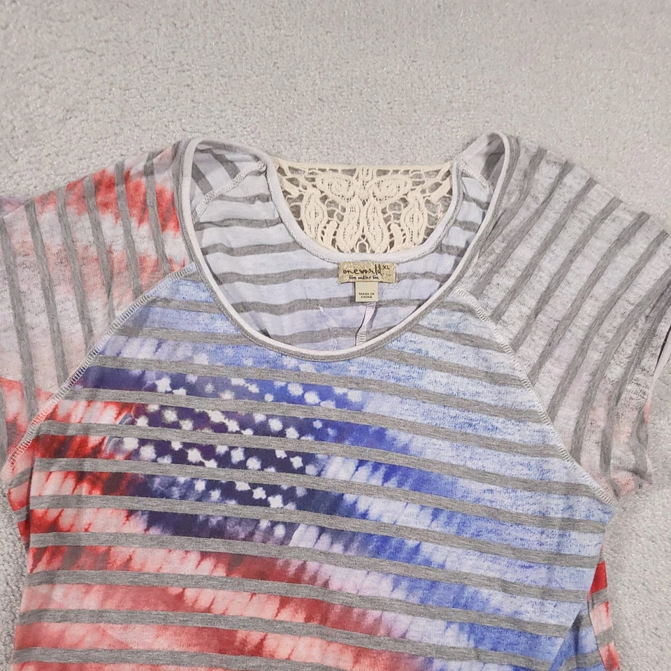 One World Shirt Womens XL Gray Red Blue Striped Lace Back Boho Patriotic Top - Image 3 of 4